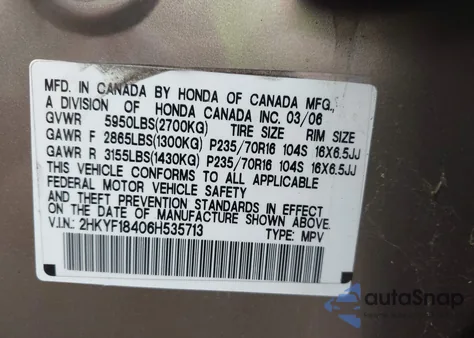2006 Honda Pilot Ex from USA, damaged, VIN 2HKYF18406H535713